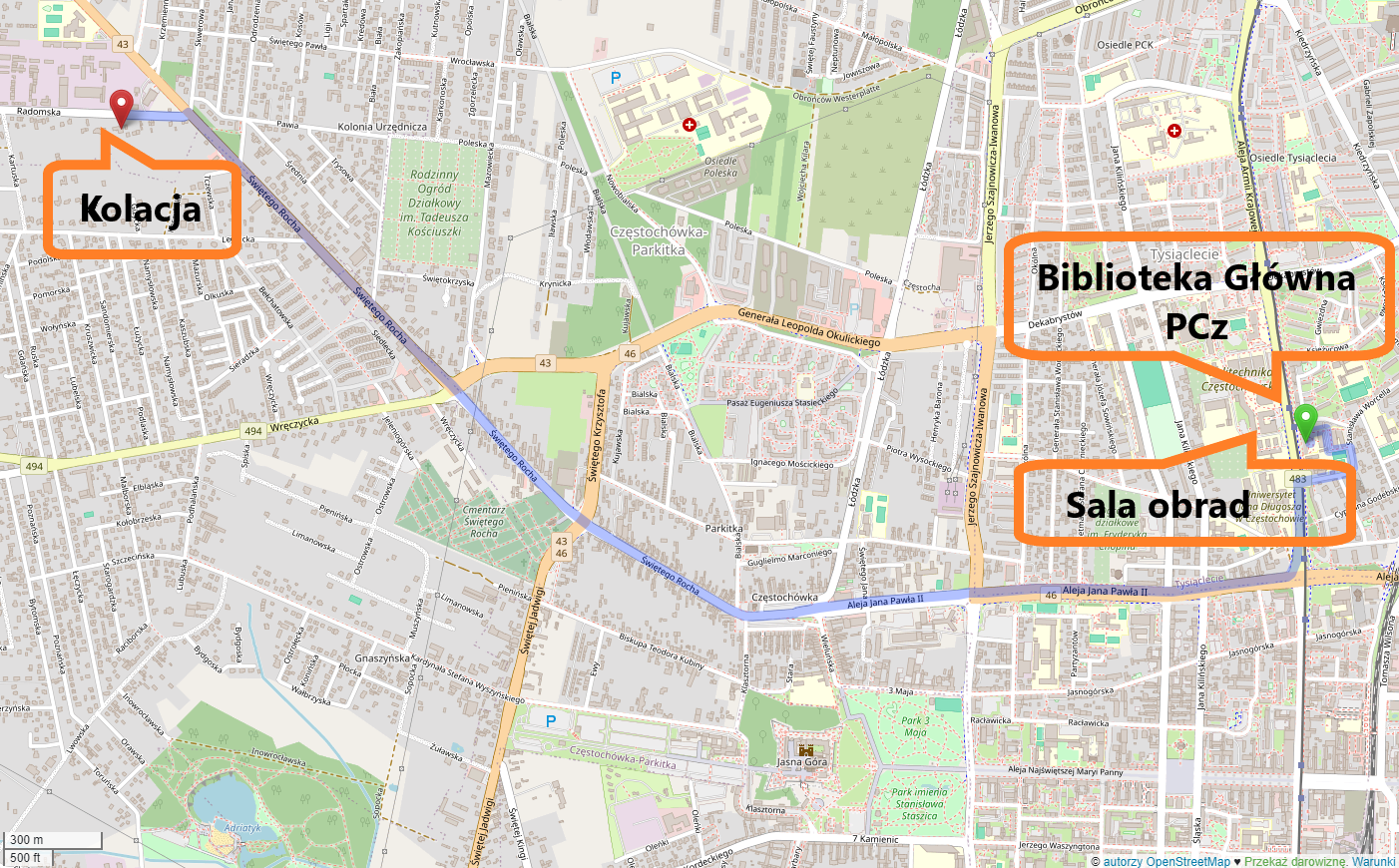 Mapka obrazująca lokalizację Biblioteki Głównej, Sali obrad i miejsca kolacji